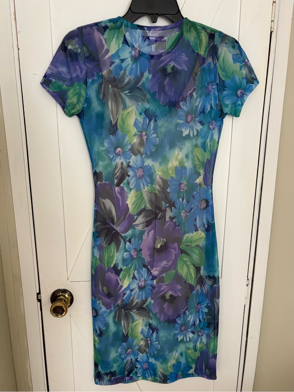 A. Gaci E. Floral Mesh Midi Dress Small Blue Purple Short Sleeve